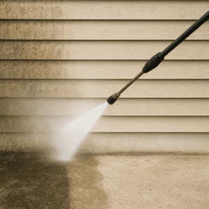 "A high-pressure washer nozzle sprays water onto a dirty beige vinyl wall and concrete surface, creating a visible contrast between the cleaned and uncleaned areas."